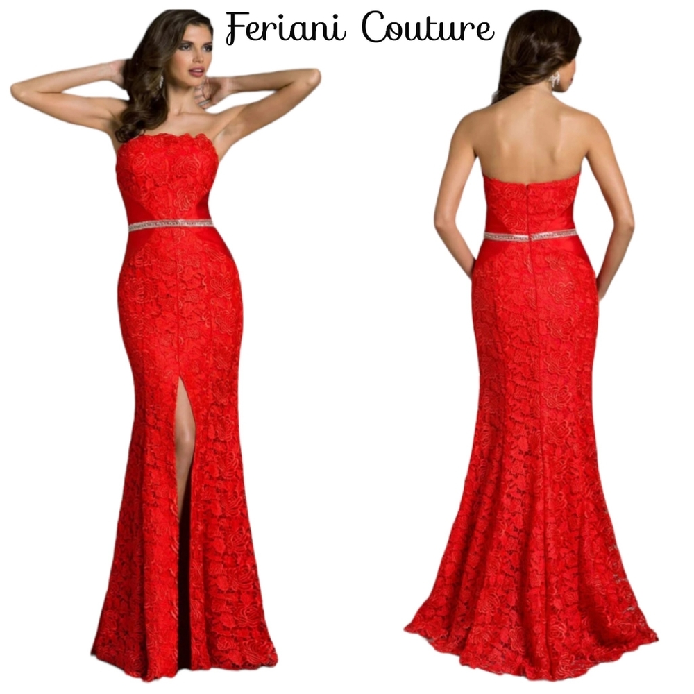 Feriani Couture Nwot Red Floral Lace Strapless Front Slit Rhinestone Wai…